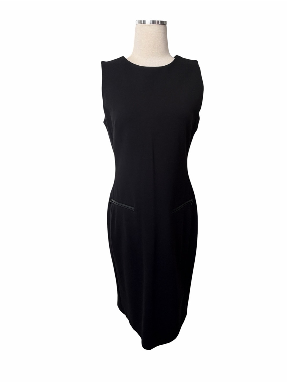 TALBOTS Black Sleeveless Sheath Dress Faux Leather Trimmed Pockets Sz 8